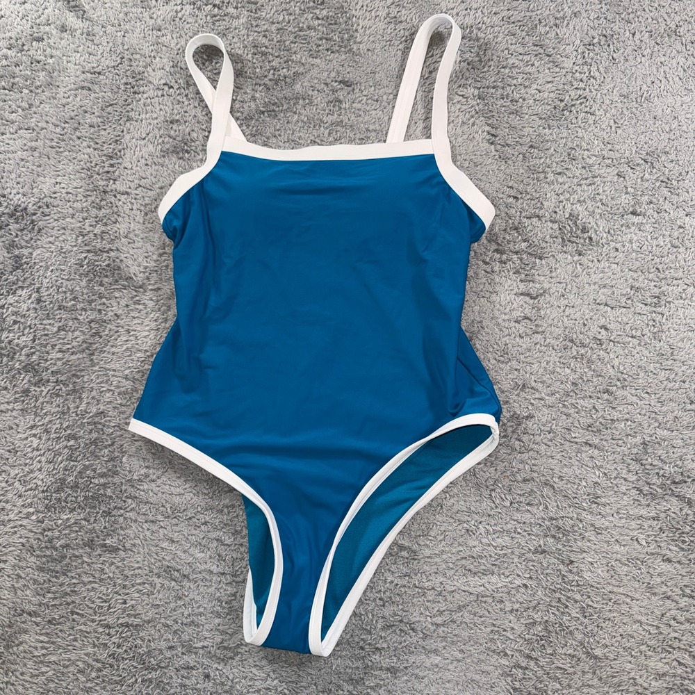Hurley Womens One Piece Swimsuit Large Teal Blue White Trim Adjustable Straps